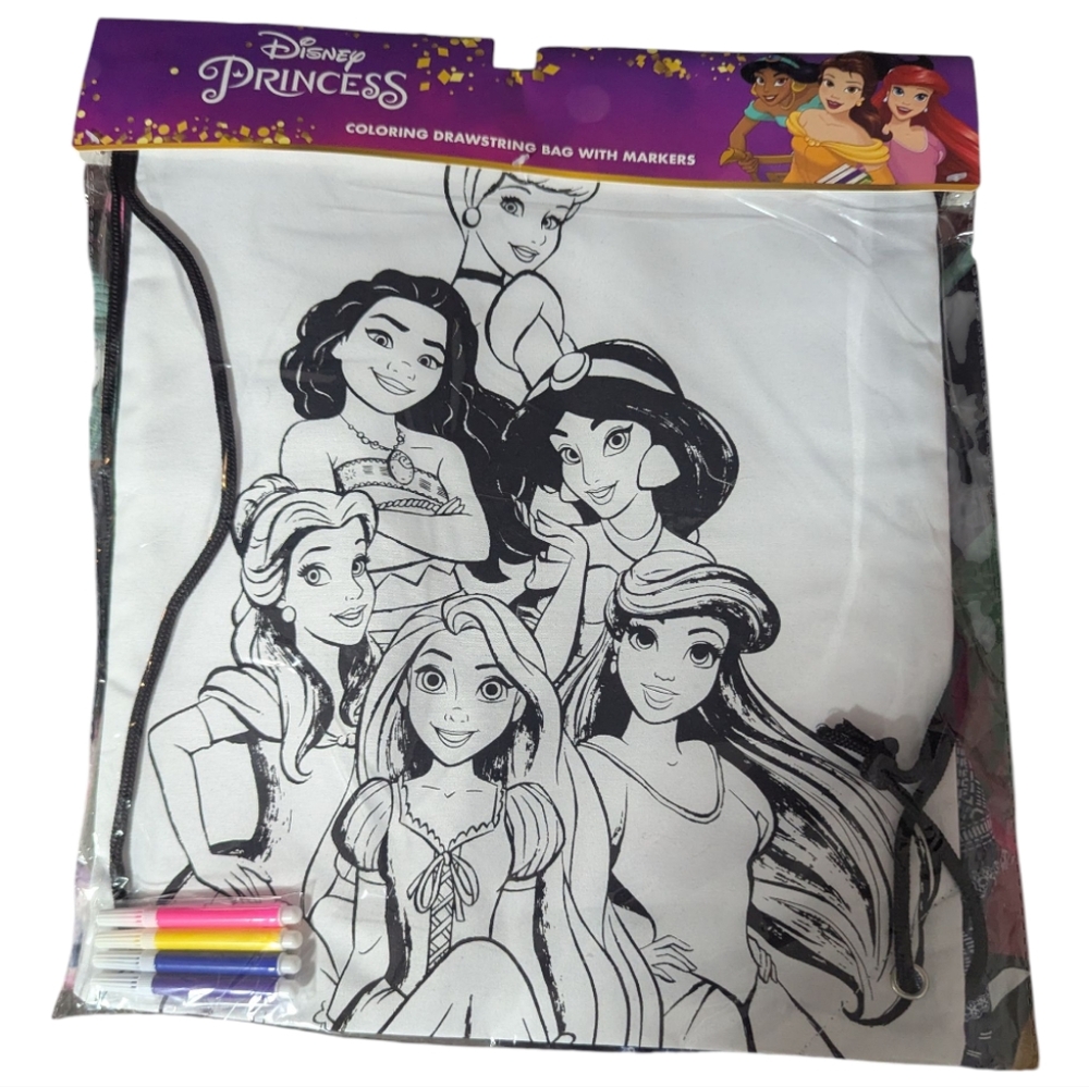 Disney Coloring Drawstring Backpack White Black Princesses Art Craft